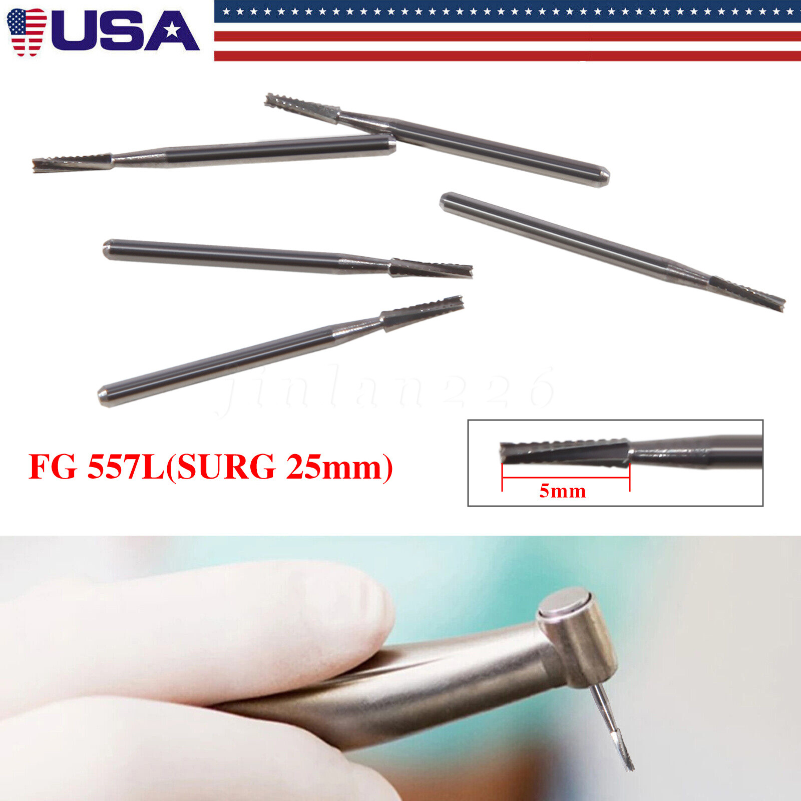 50pcs Dental Surgical Burs Carbide Bur FGOS 557 Straight Fissure FG SURG 25mm