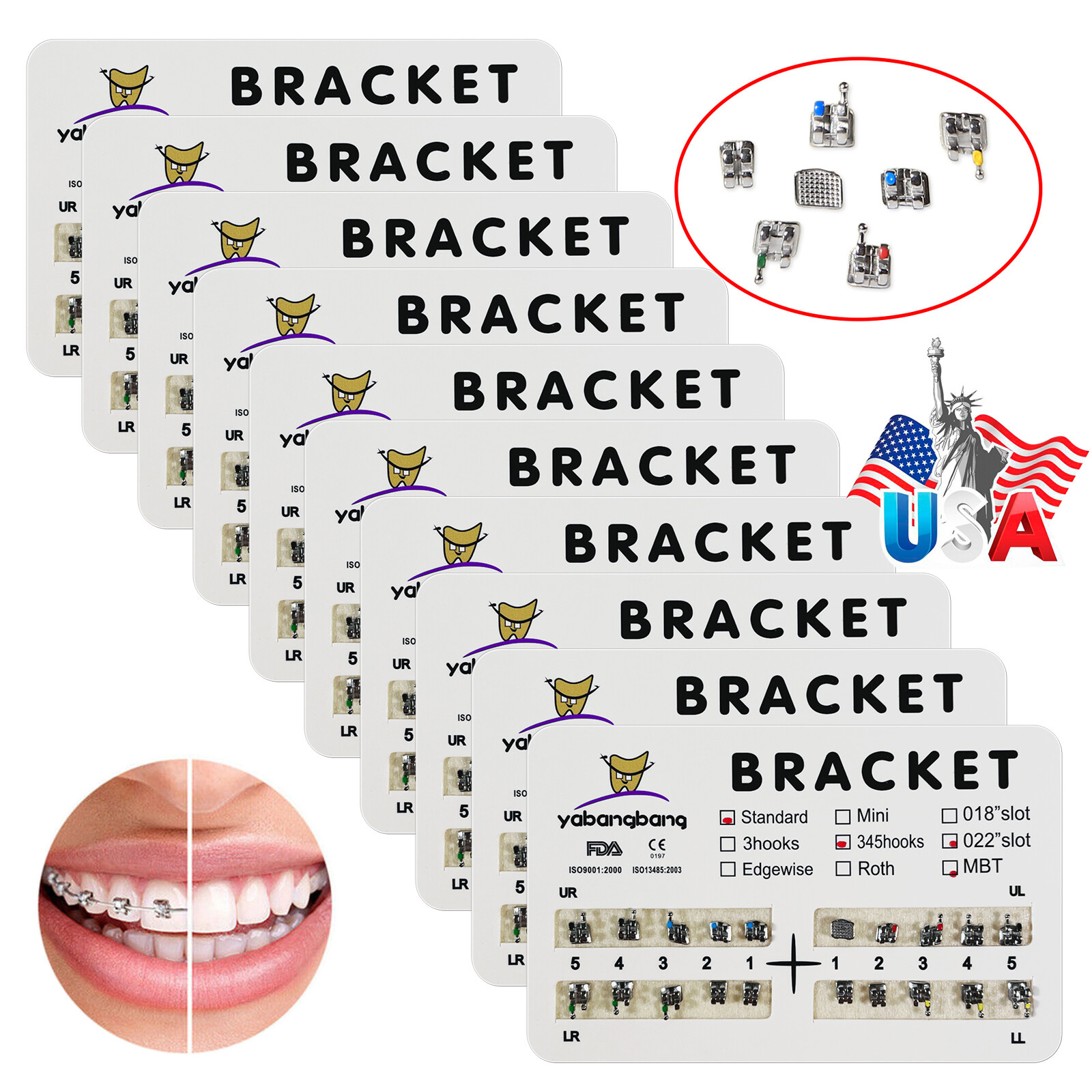 10-200 Packs Dental Orthodontic Brackets Brace Standard MBT.022 Hooks 3-4-5