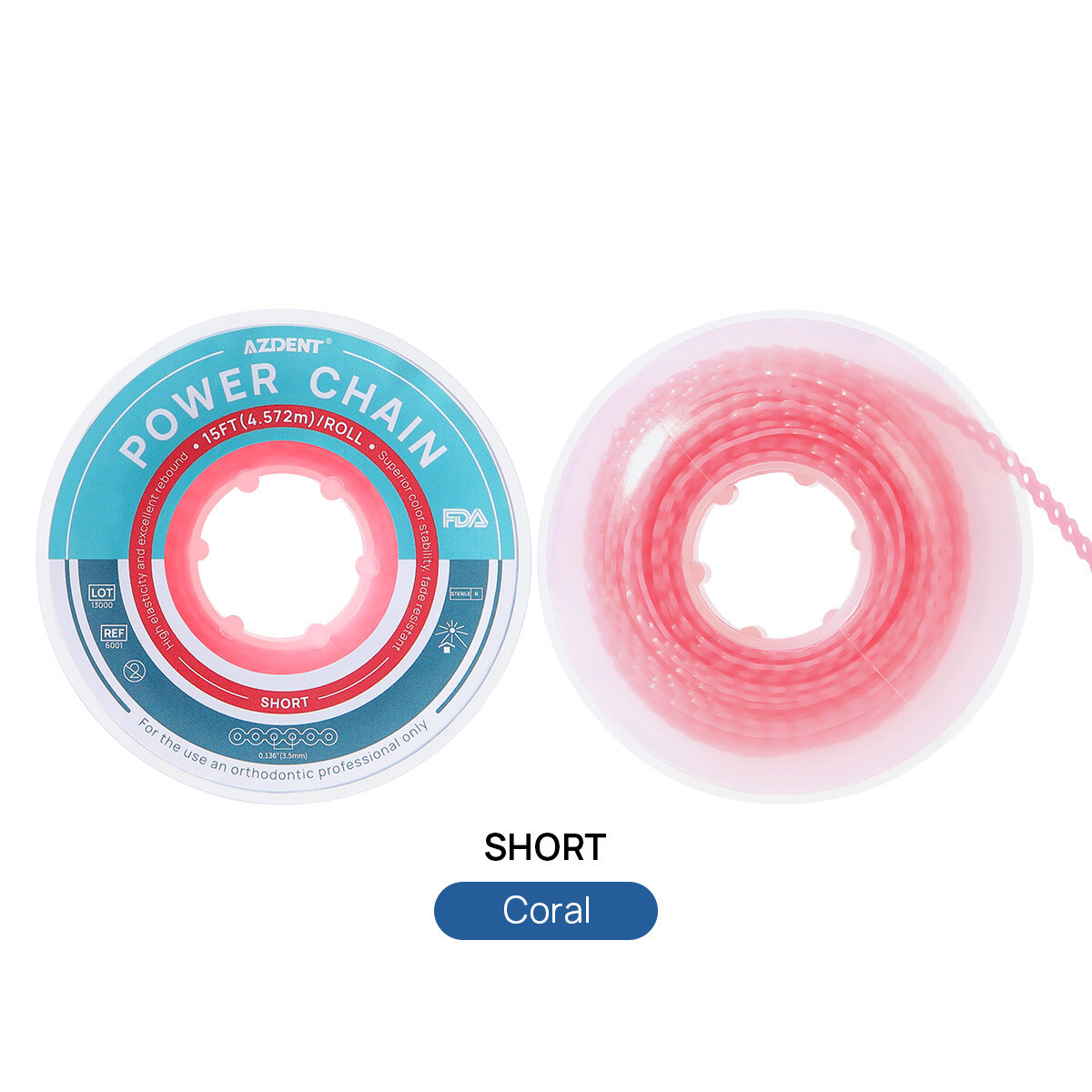 AZDENT Dental Orthodontic Colored Elastic Power Chain 15ft Long/Short/Continuous