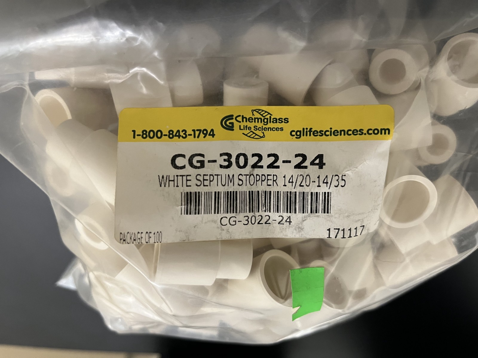 CHEMGLASS CG-3022-24 WHITE SEPTUM STOPPER 14/20-14/35, 100/PK
