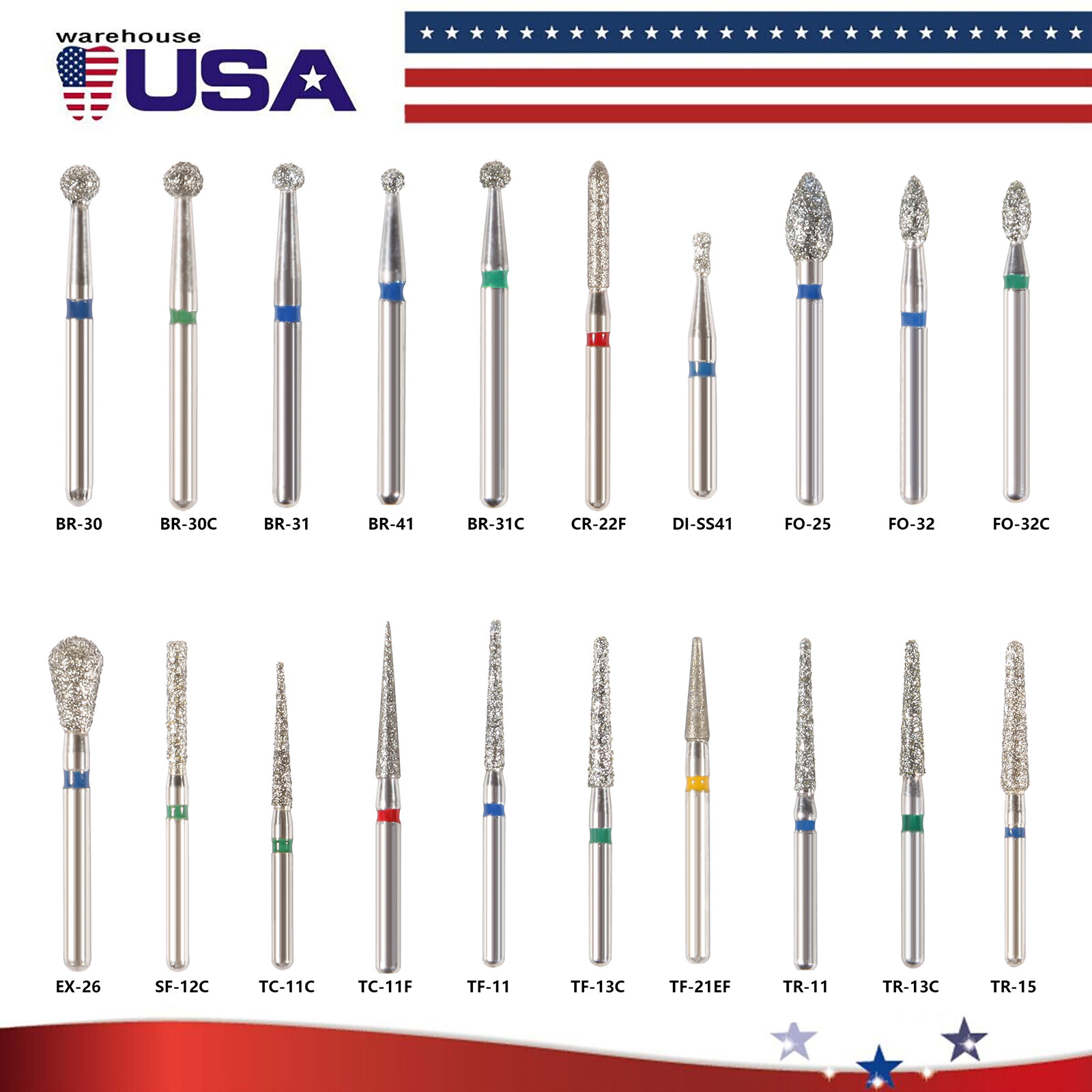 100Pcs SANDENT Dental Diamond Burs High Speed Handpiece Friction Grip 20 Types