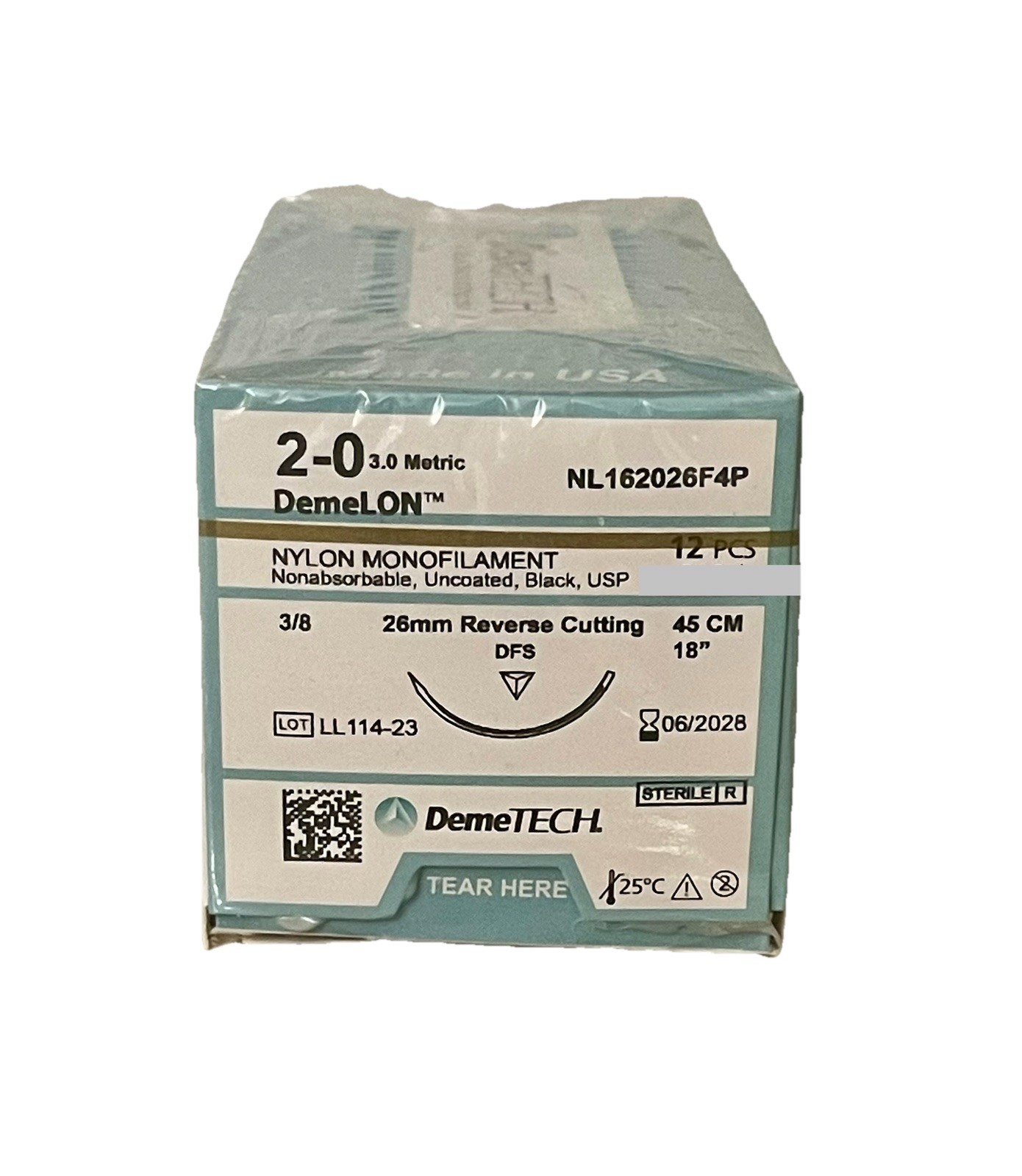 2-0 USP Nylon Surgical Sutures 18” 26mm Reverse Cutting 3/8c EXP 06/2028 12ct