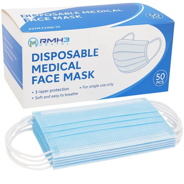 RMH3 Dental Disposable Face Masks Blue Pleated Earloop 50/box