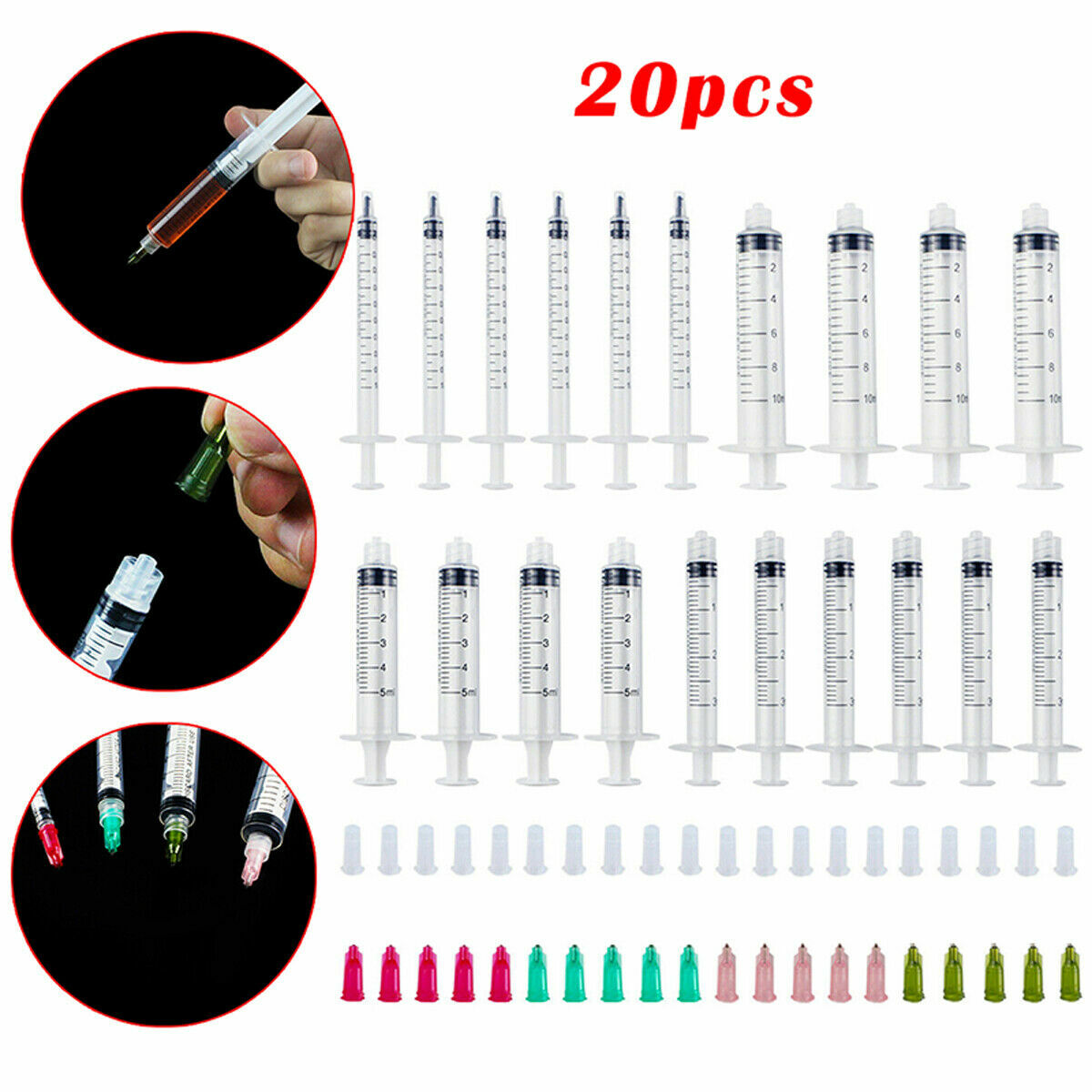 20Pcs Pack 1ml 3ml 5ml 10ml Disposable Work Drum Blunt Tip + Caps 4 Sizes