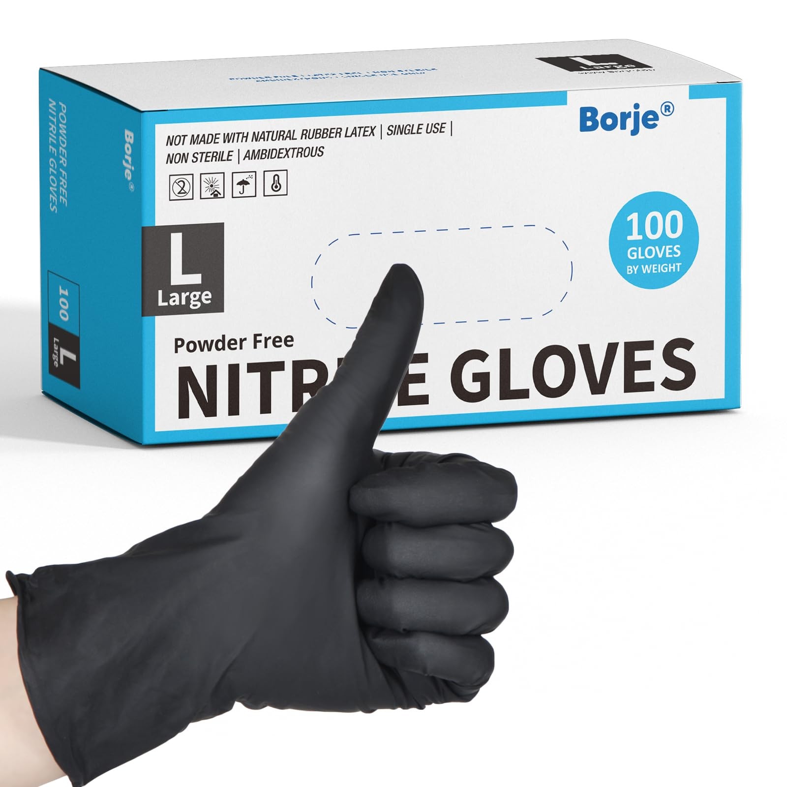 Borje Nitrile Gloves Large, 100 Count Disposable Gloves, Black, Black
