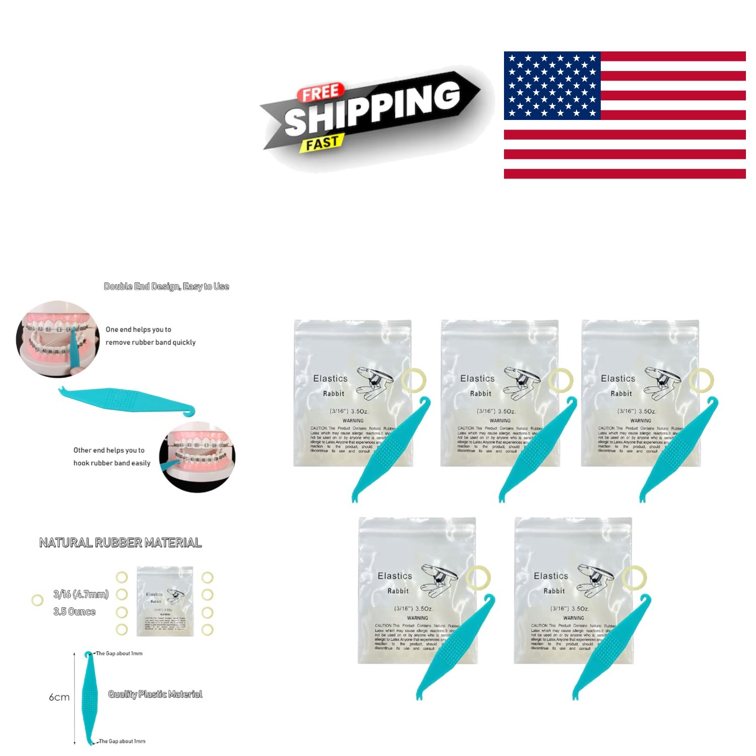 Portable Orthodontic Kit with 500 3/16 Inch Rubber Bands and Elastic Placers