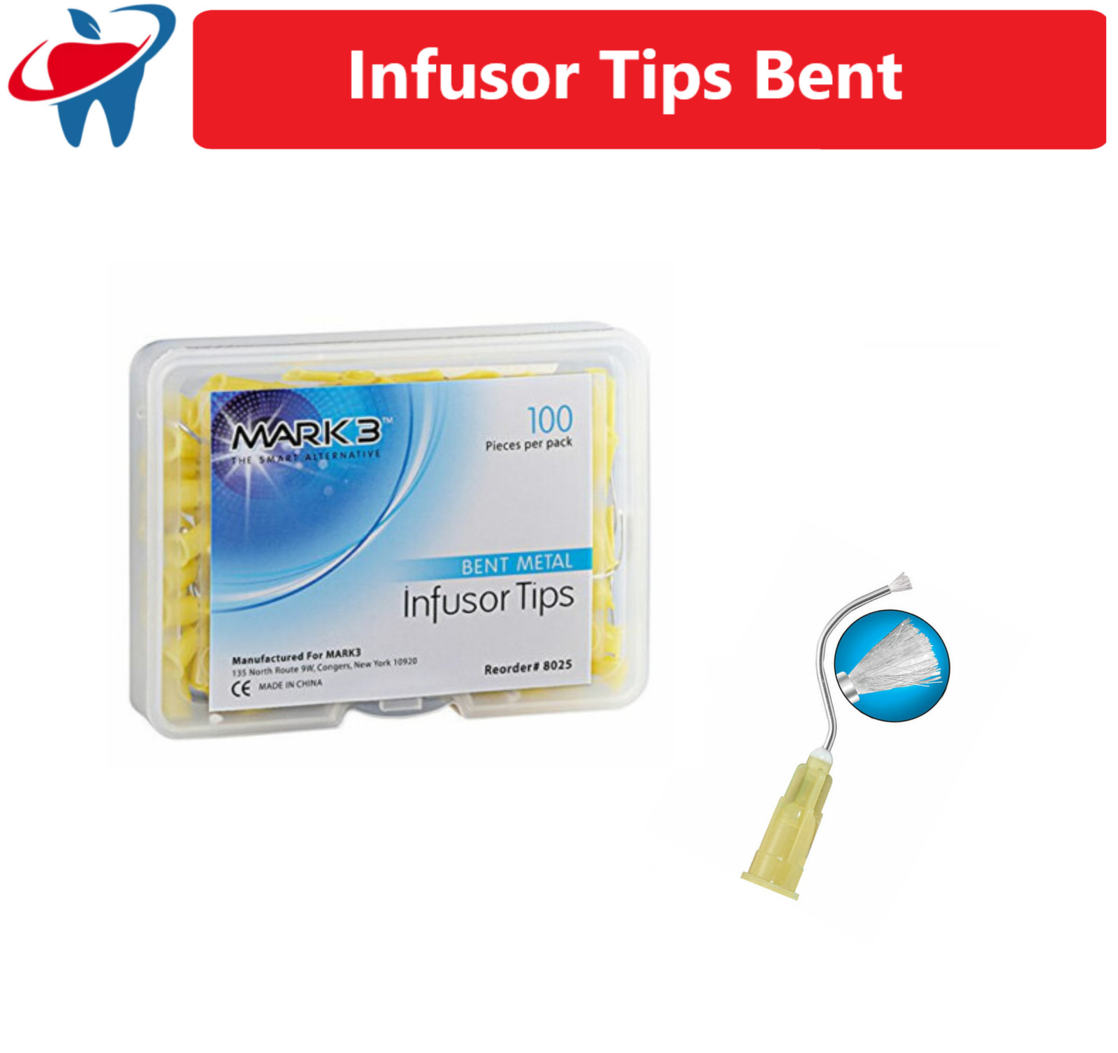 Mark3 Dental Infusor Applicator Tips Pre-Bent Metal Brush End 19G (100Pcs) #8025