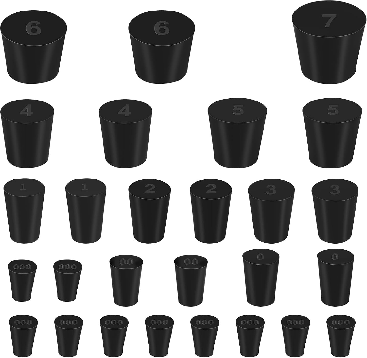 27 Pack (10 Assorted Sizes) 000# – 7# Tapered Lab Bungs Solid Rubber Stoppers