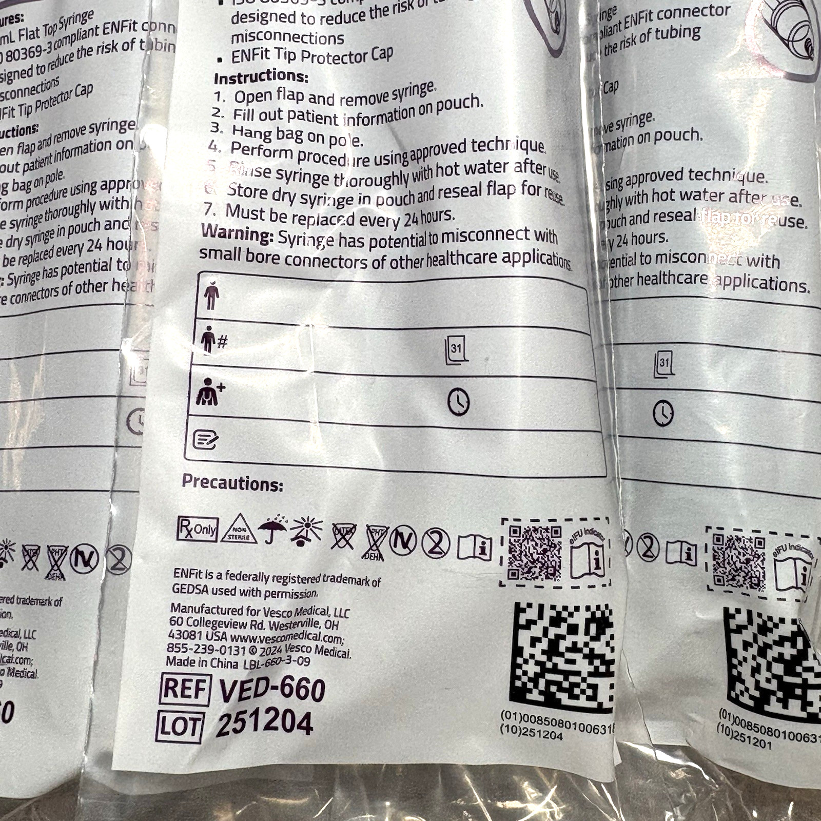 Lot of 25 Vesco ENFit Tip Syringe 60mL Flat Top VED-660 Tube Feeding Purple New