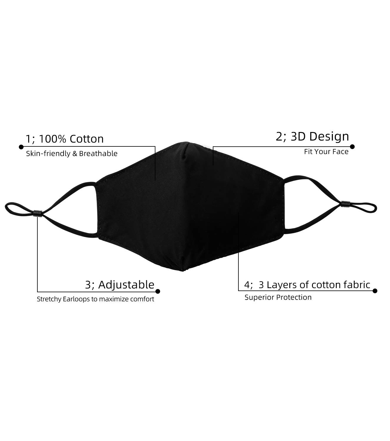 10 Pack Unisex Cotton Black 3 Layer Breathable Protection Reusable Stretchy C…