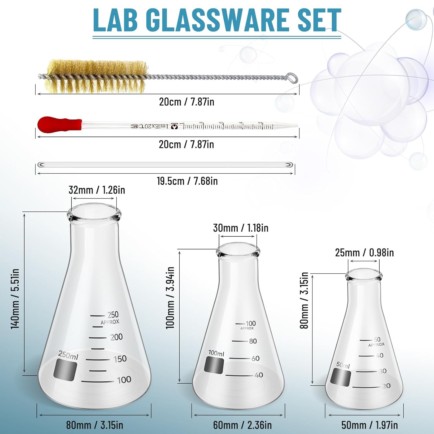 11Pcs Lab Flask Glass Measuring Glass Set: Flask& Cylinders with Stirring Rod