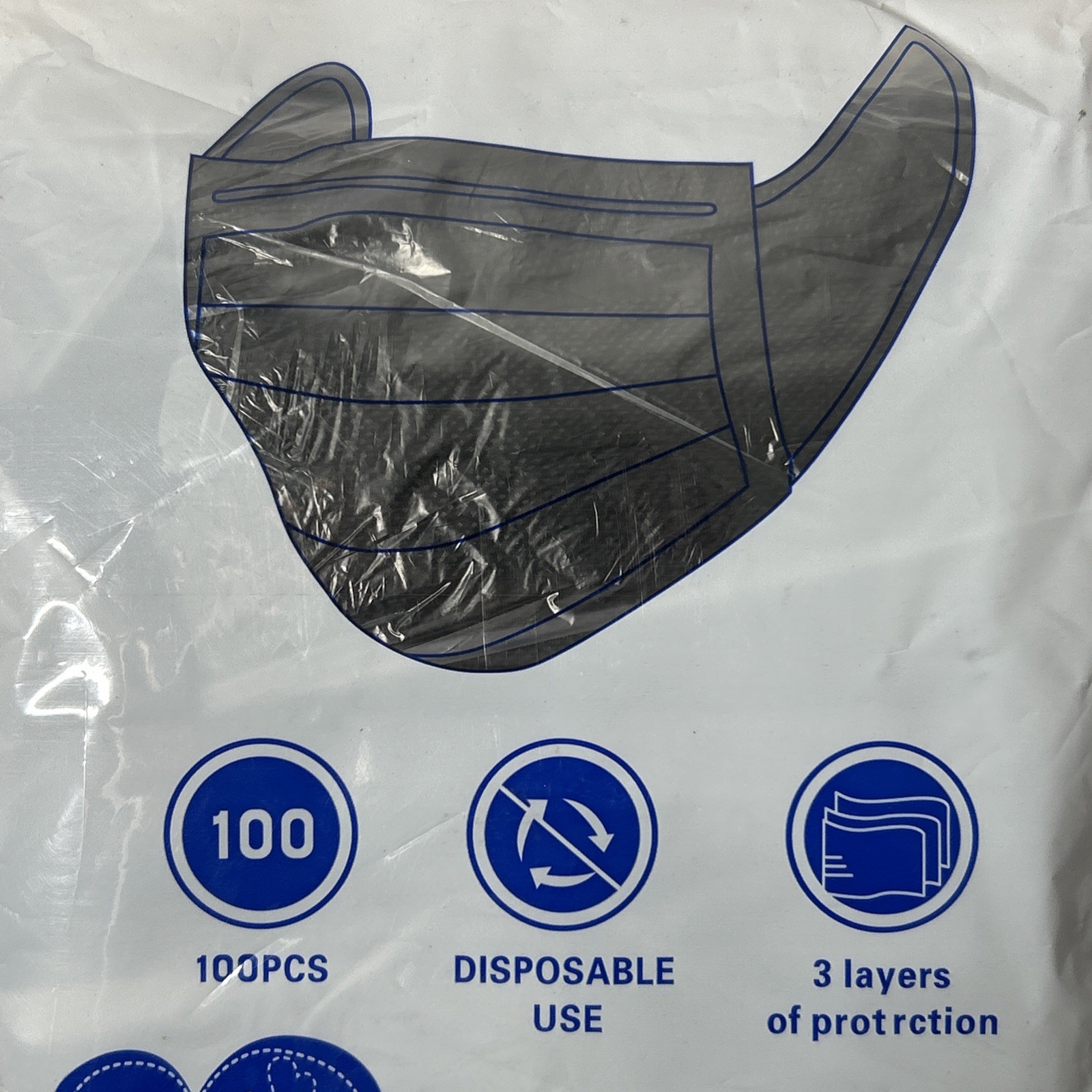 100 Disposable Face Masks Black 3 Layer Protection 2 Elastic Bands Each Side