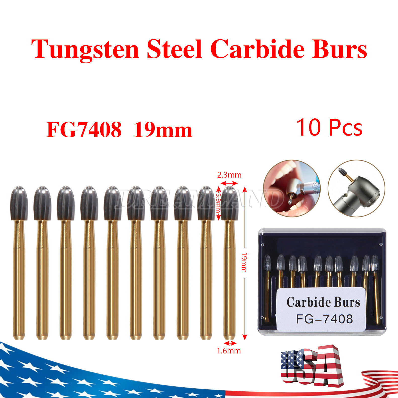 10Pcs Dental Tungsten Carbide Burs Trimming & Finishing Egg Football Bur FG 7408
