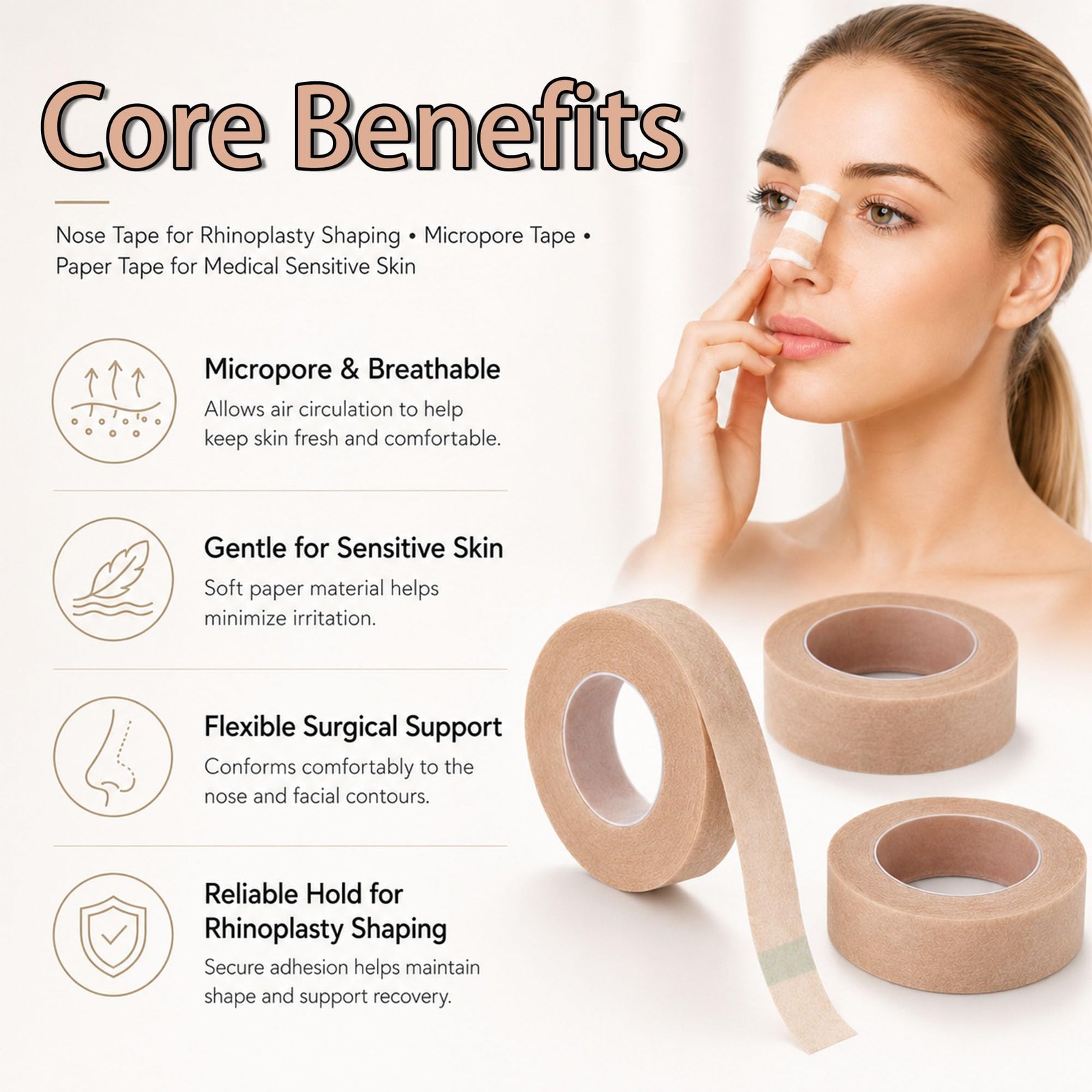 AHHALFFY 5 Rolls 1.25cm Nose Tape for Shaping Beige:0.5 Inch X 10 Yards