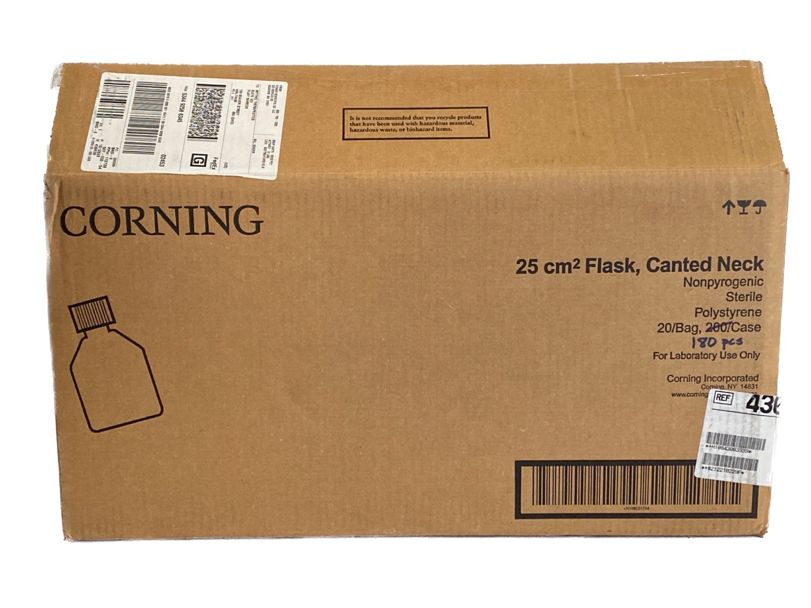 (180) CORNING 25cm² Canted Neck Cell Culture Flask w/Plug Seal Cap 430639