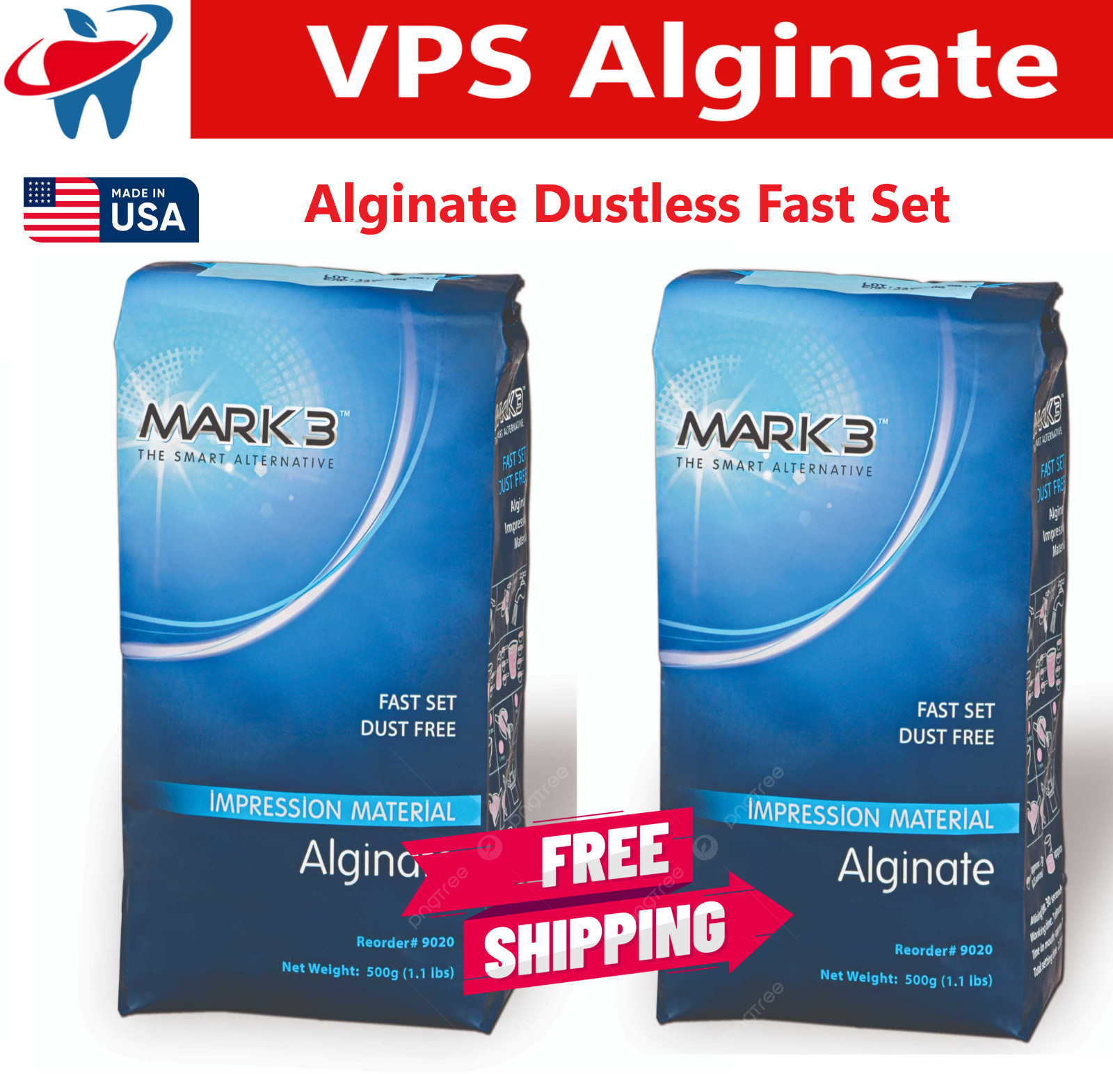 Dental Alginate Impression Material Dustless Fast Set, 3 Bags (1.1lb per Bag)