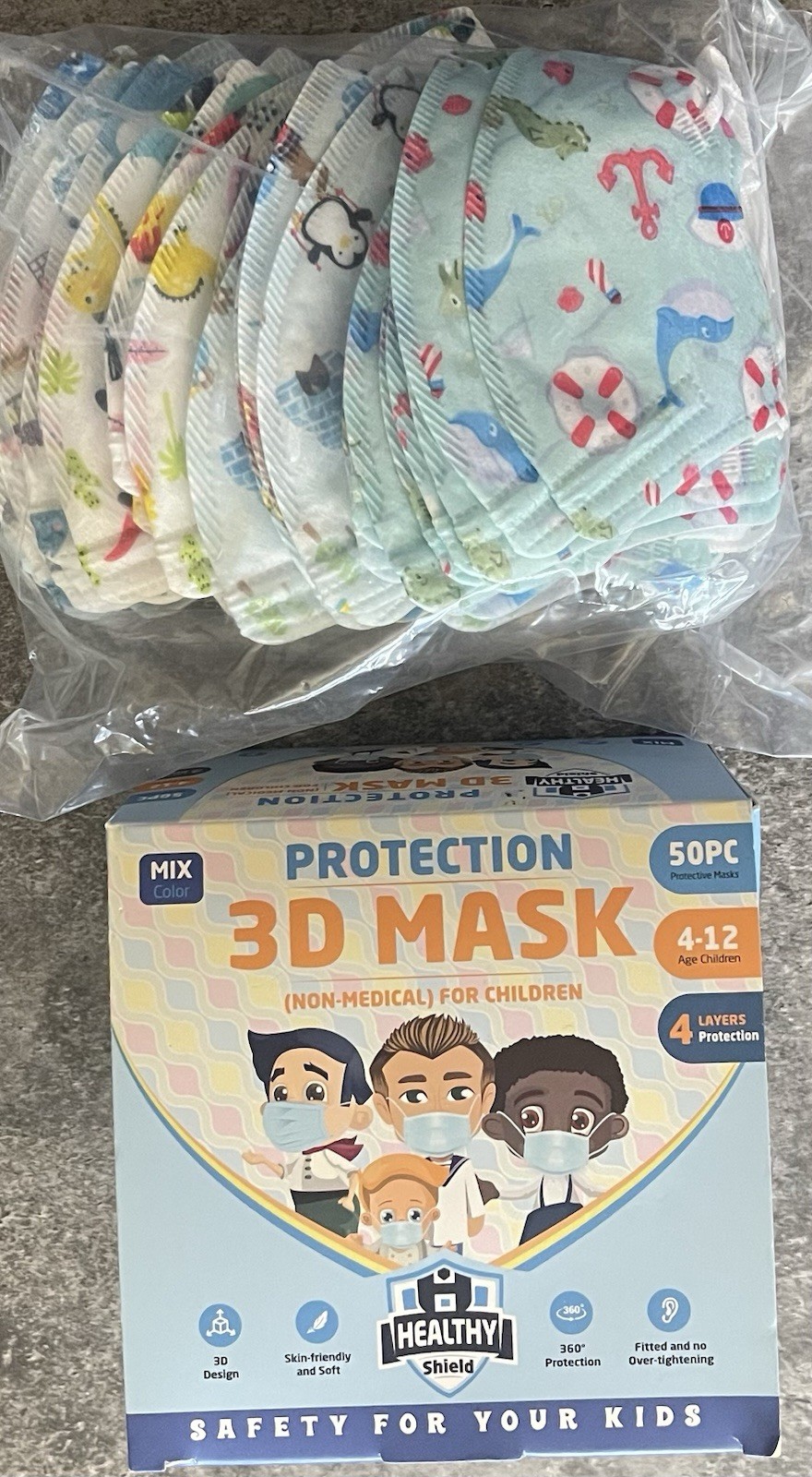 50Pcs Cartoon 3D Kids BFE 95% Protective 4 Layer Face Mask Disposable Respirator