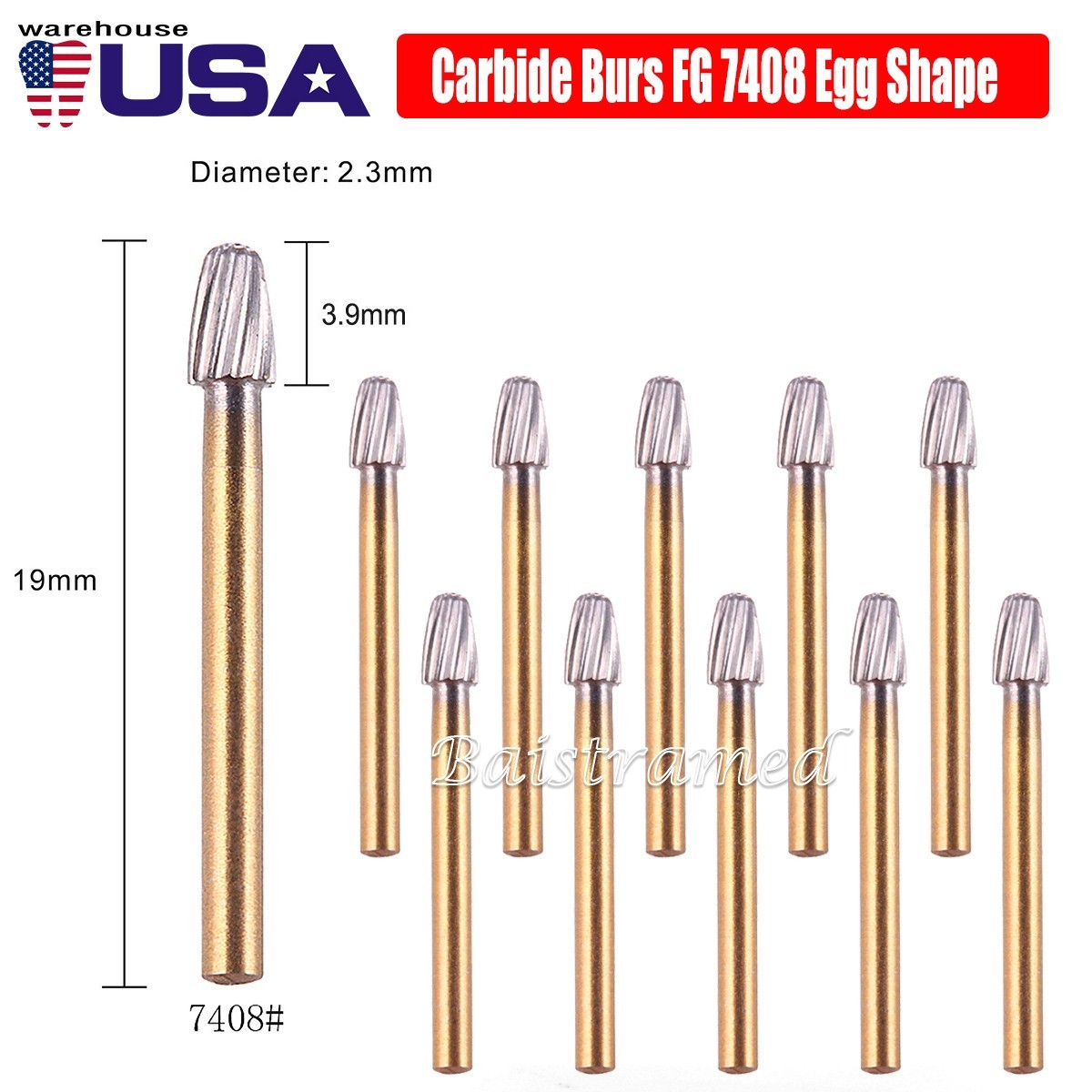 10Pcs Dental Tungsten Carbide Burs Trimming & Finishing Egg Football Bur FG 7408
