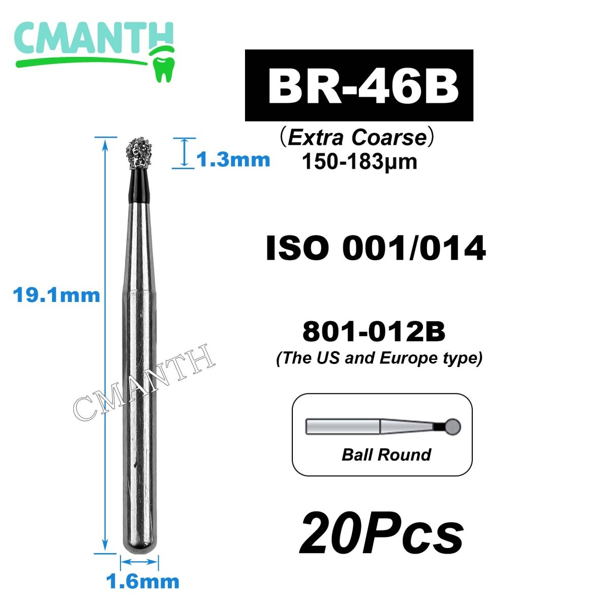 US BR Type Dental Diamond Burs Dentistry Strawberries High Speed Bur 1.6mm 20Pcs