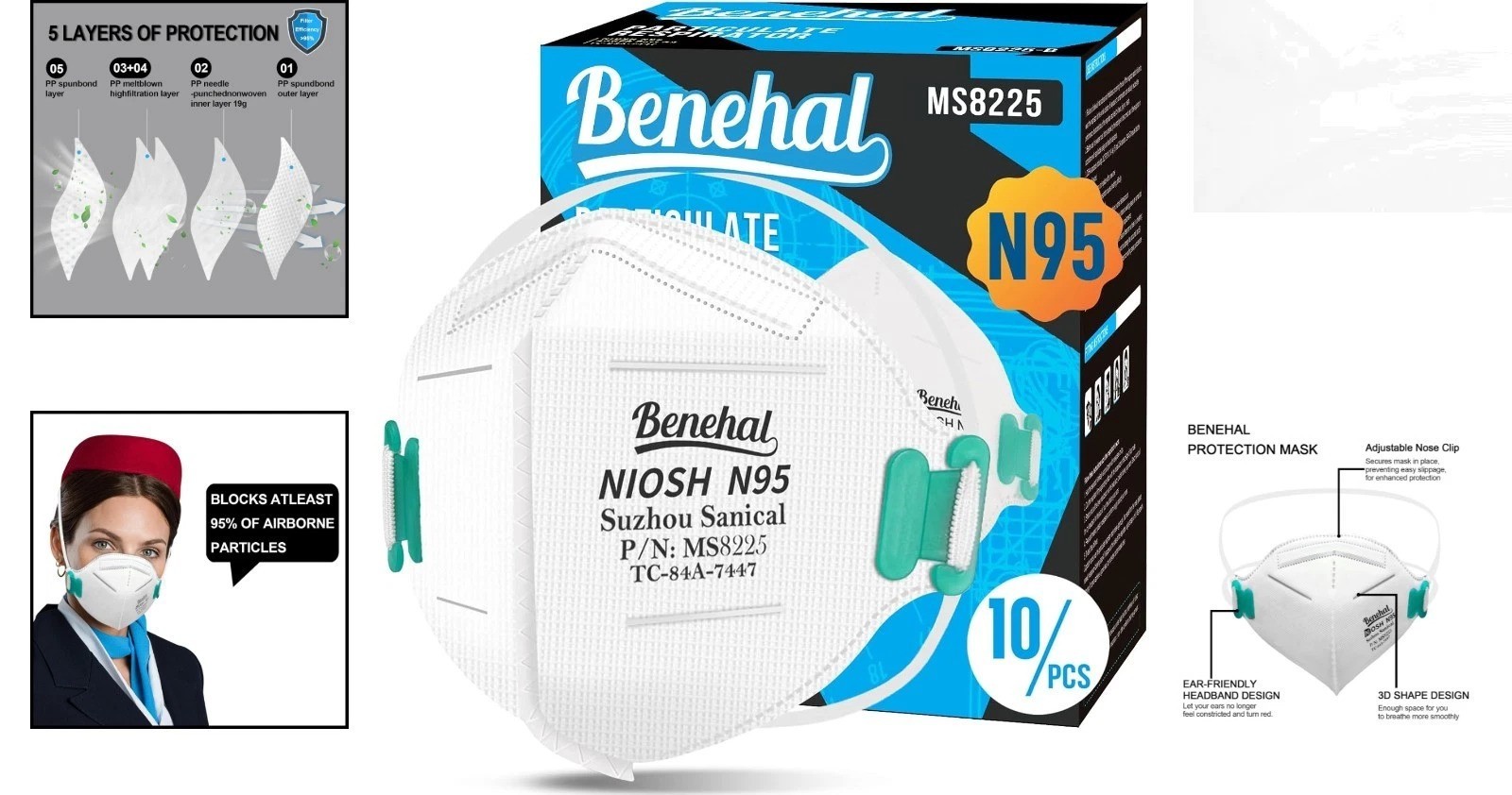 Lightweight 10 Count N95 Respirator Masks | Certified 95% Filtration, Adult Fit