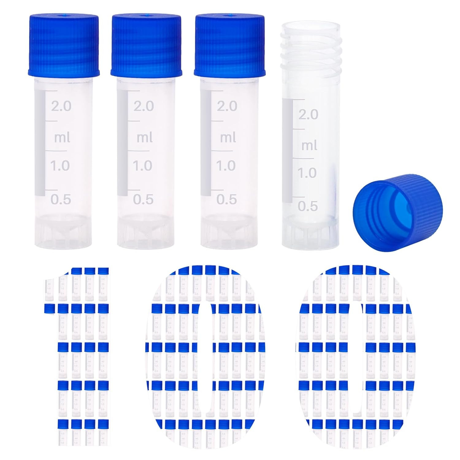 100 Pcs 2Ml Small Vials with Screw Caps Centrifuge Tubes Plastic Sample Tubes Cr