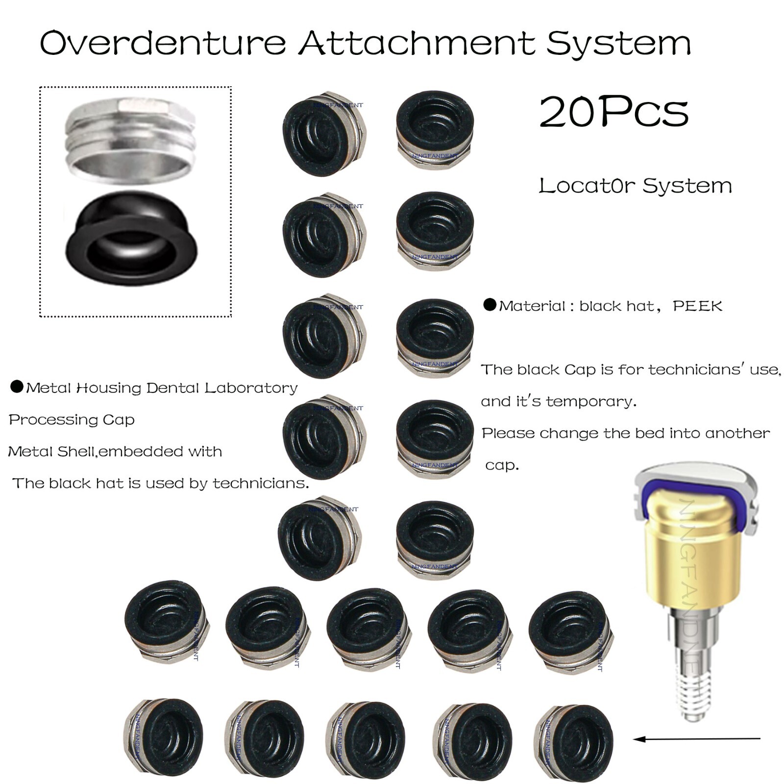 20Pcs Dental Locater Replacement Metal Housing & Lab Cap Assembly