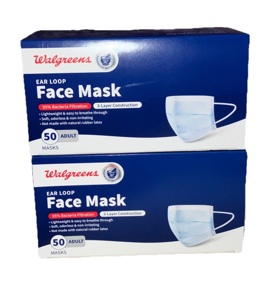 Walgreens Face Mask Ear Loops 100 Count Adult 95% Bacteria Filtration New In Box