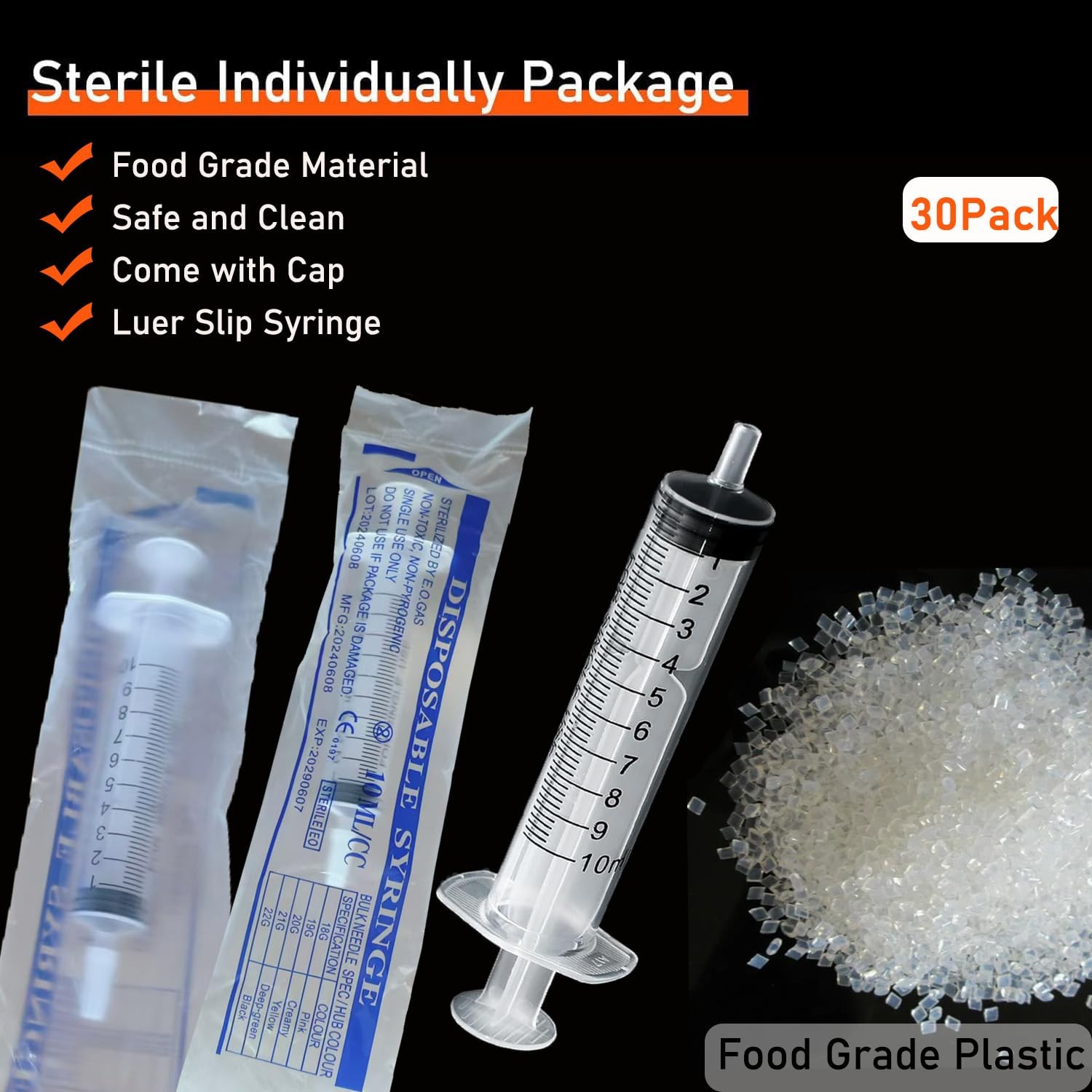 30Pack 10ml Syringes with Caps Luer Slip Tip No Needle Plastic 10ml, white