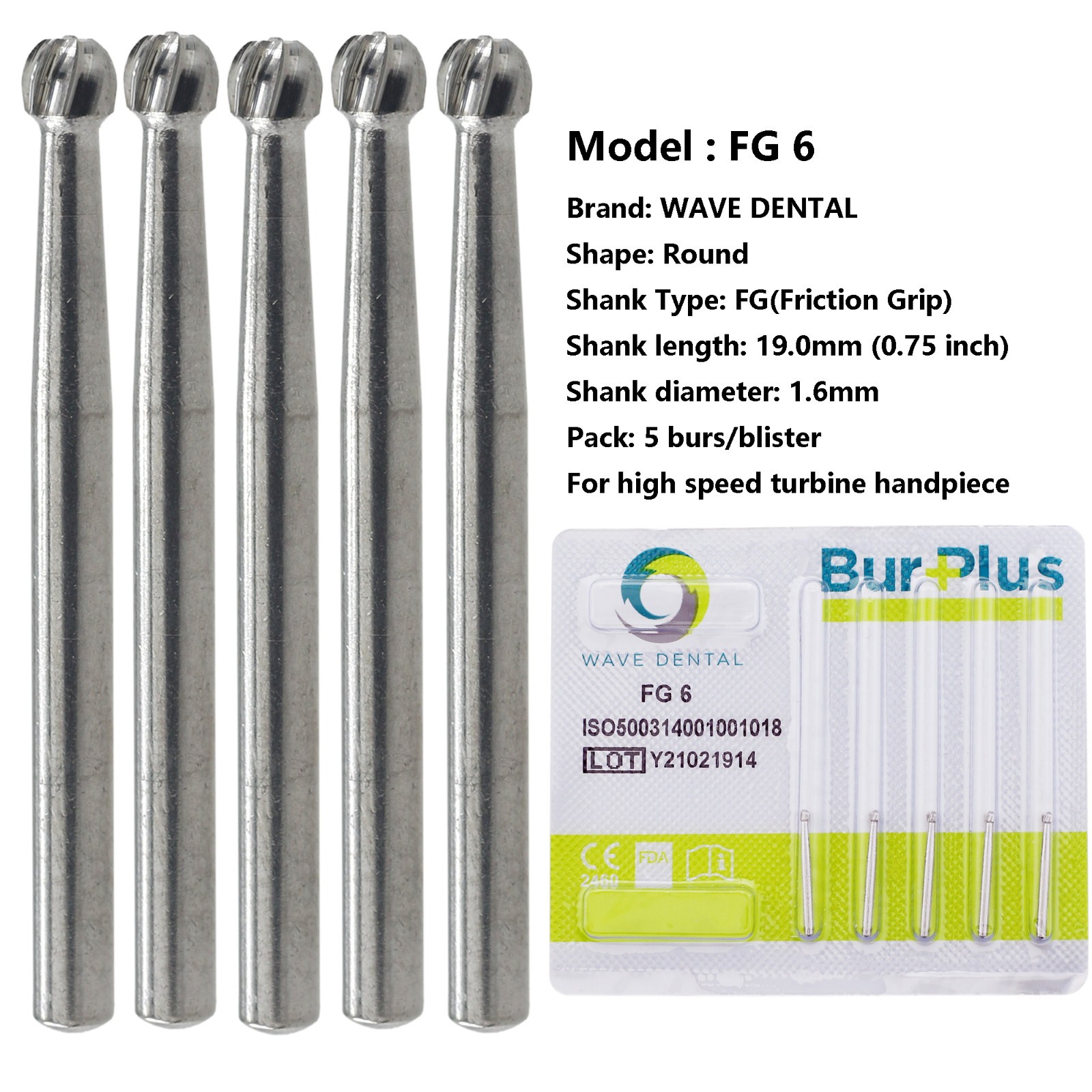 Wave Dental Carbide Burs Round for High Speed Handpiece FG 1/4 1/2 2 4 6 8 Prima