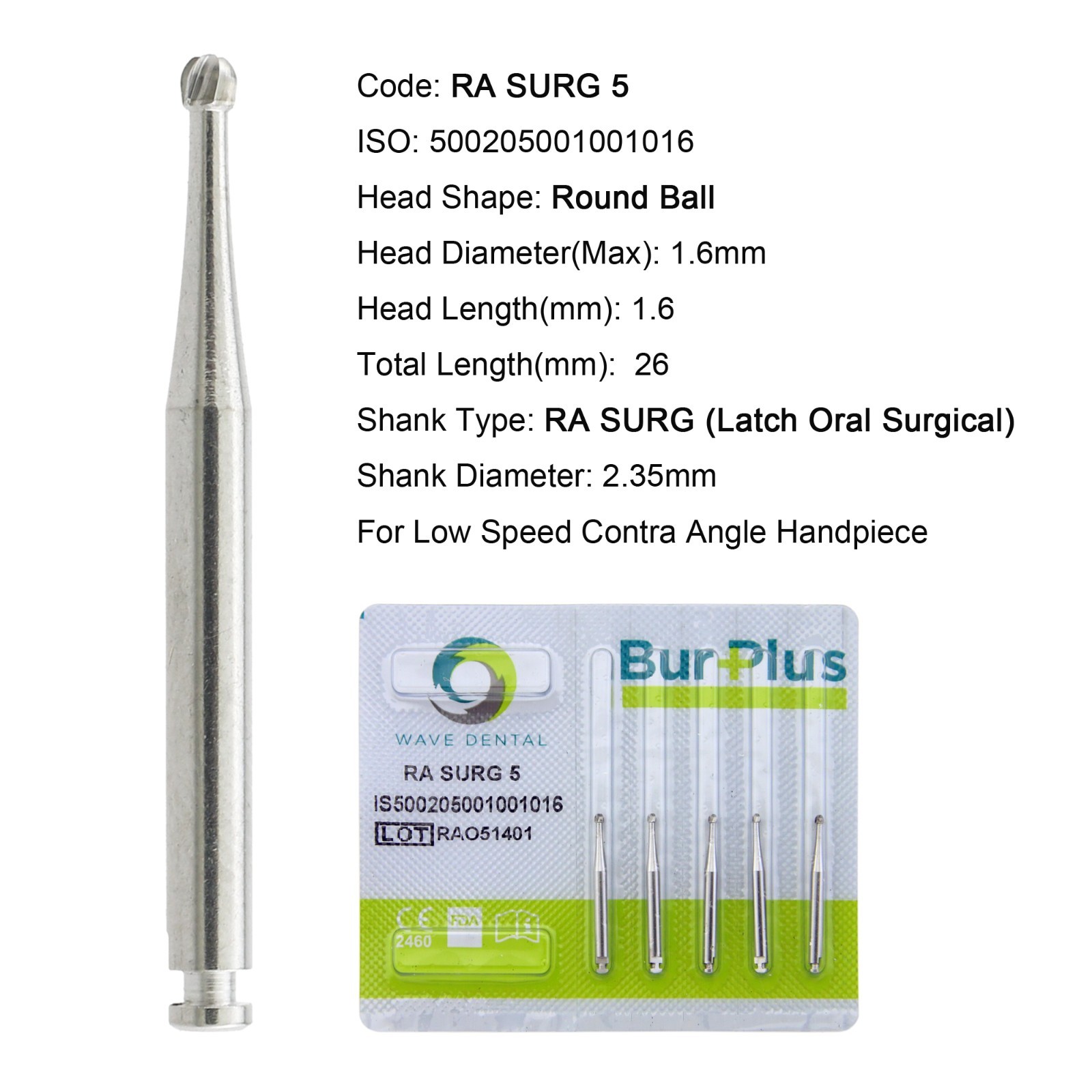 WAVE Dental Carbide Burs Latch Round Surgical 26mm RA SURG 22mm RA 4 2 5 6 8