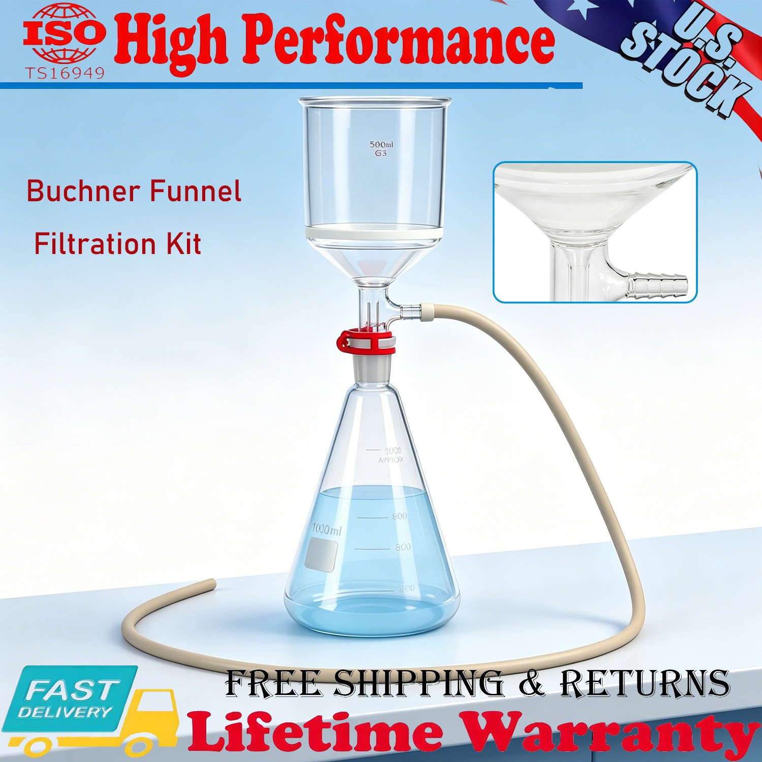 Glass Vaccum Suction Filter Filtration Kit 500ml Funnel & 1000mL Flask LAB Set