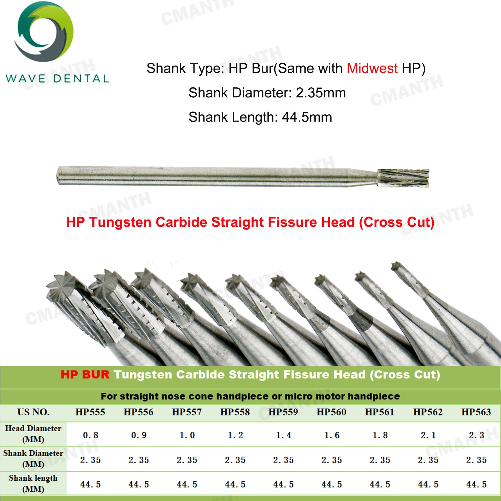 WAVE Dental Bur Tungsten Carbide Bur Tapered Fissere HP Round Head For Low Speed