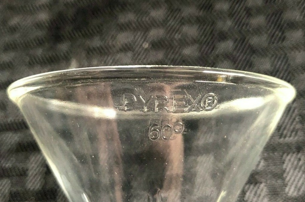Corning Pyrex 65mm ID Glass 60° Angle Filling Funnel, Short Stem, Chips, 6180-65