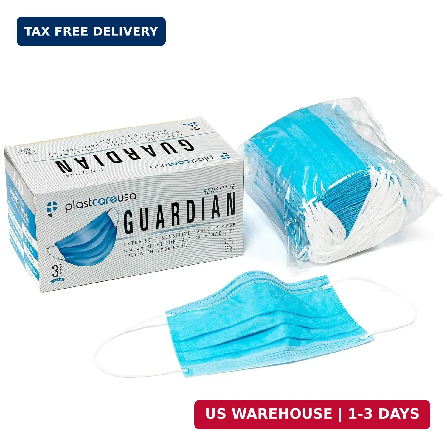 PlastCare USA 100 4-Ply ASTM Level 3 Face Masks, Disposable (Blue) (2 Boxes of 5