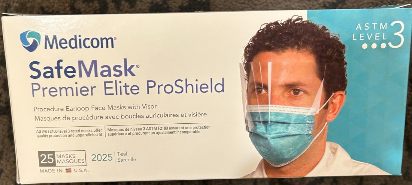 Medicom SafeMask Permier Elite ProShield Face Mask with Visor, Teal, 25/Bx