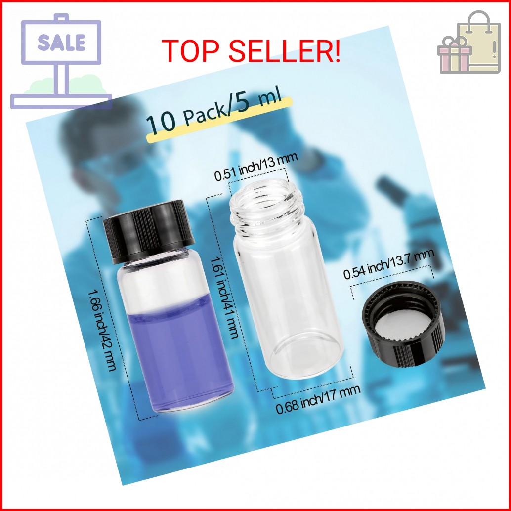 JIUWU 10 Pack 5ml Clear Glass Vials with Screw Caps, Small Refillable Sample Bot