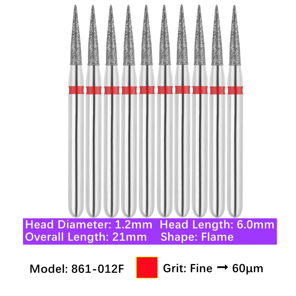 10/Pk Vakker Dental FG Flame Diamond Burs 861-012F Fine Grit Friction Grip