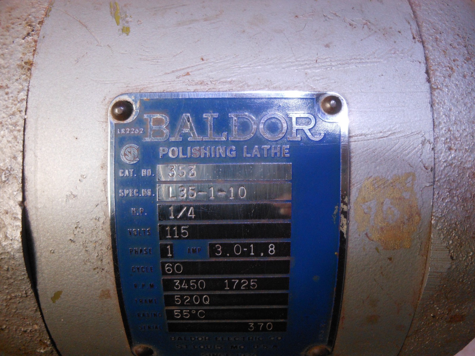 Baldor Dental Lab Jewler Polishing Lathe / Motor Model 353 1/4 HP 2 Speed