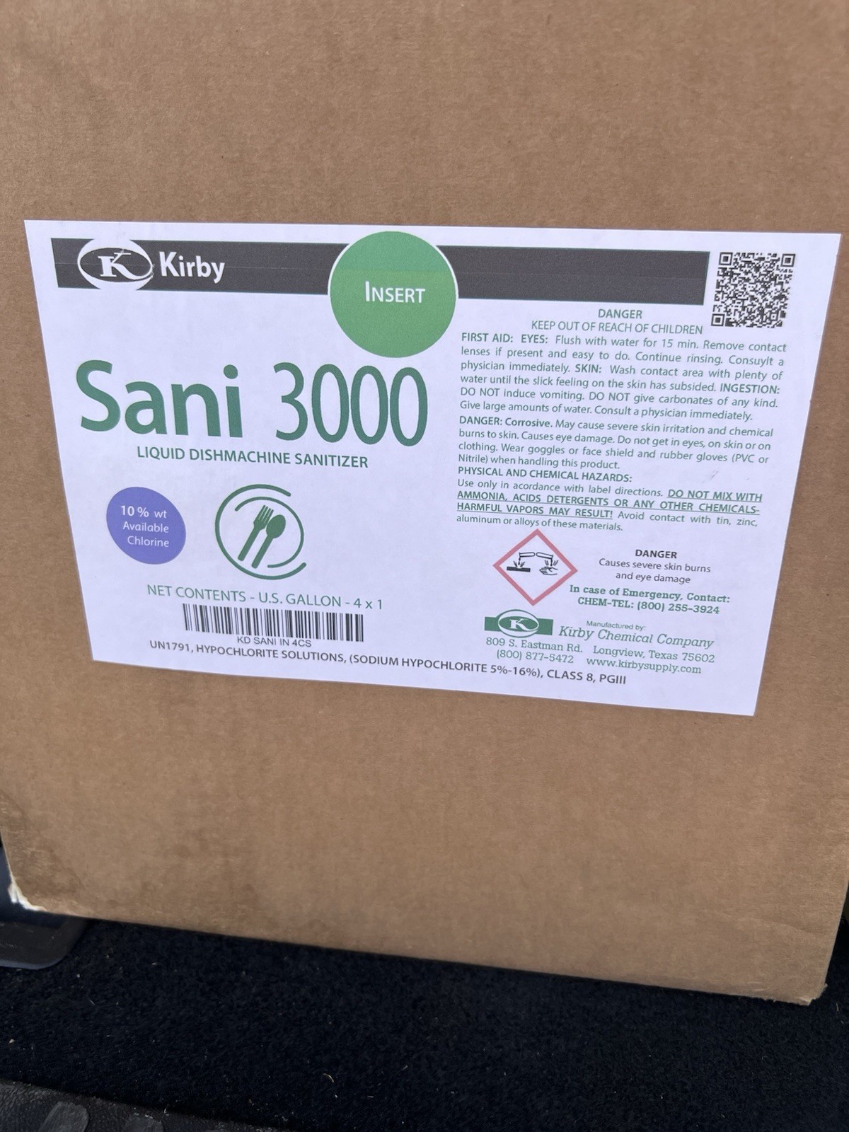 Kirby Sani 3000 Liquid Dishmachine Sanitizer 1 Gallon Biological Laboratory