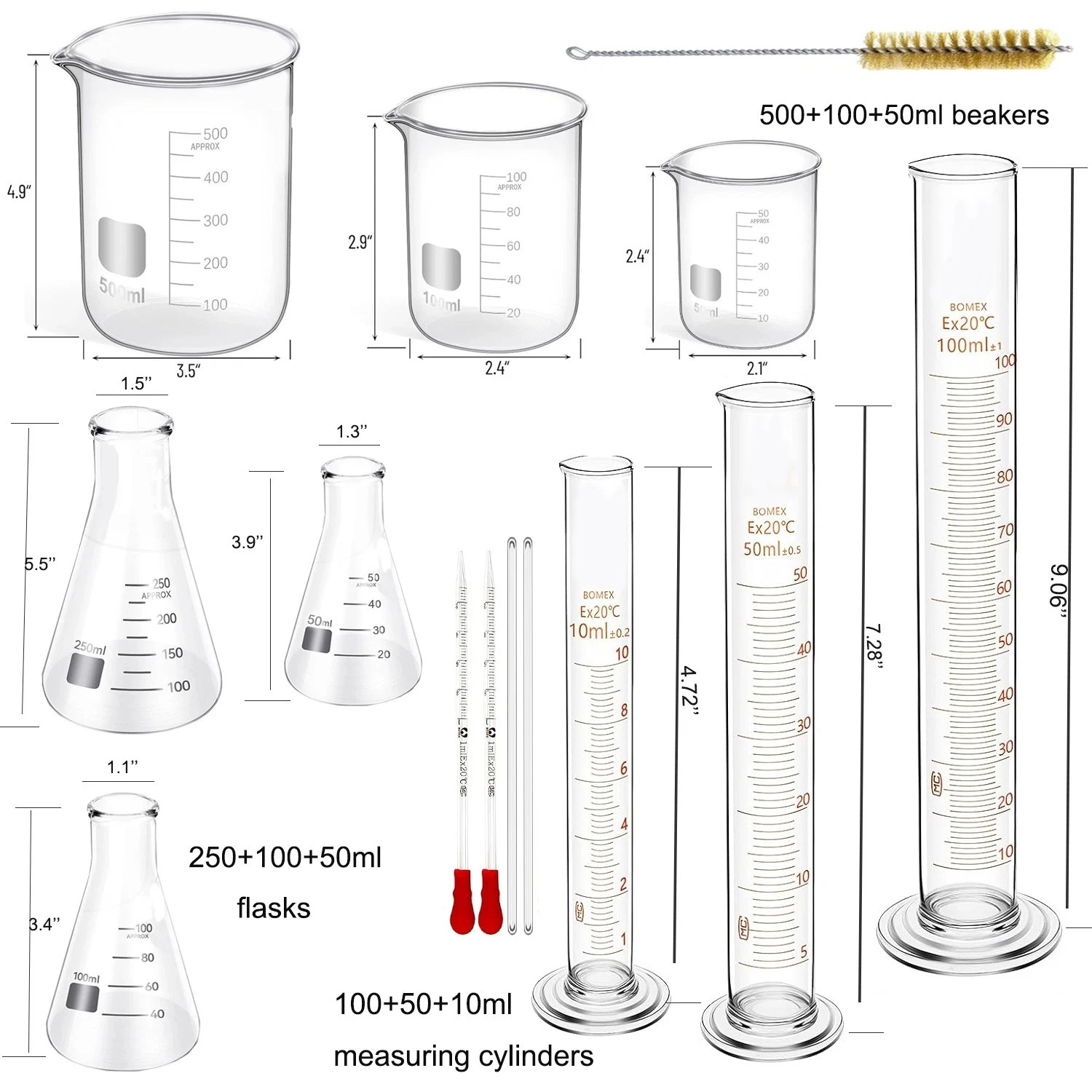 14Pcs Lab Flask Glass Measuring Glass Set: Beakers & Cylinders Lab Drying Rack