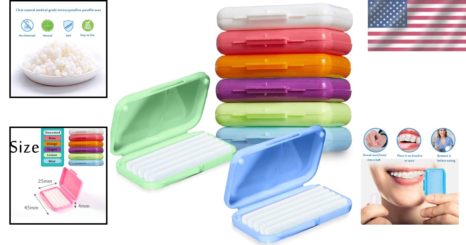 Orthodontic Dental Wax 6 Pack Colorful for Braces and Appliances Pain Relief
