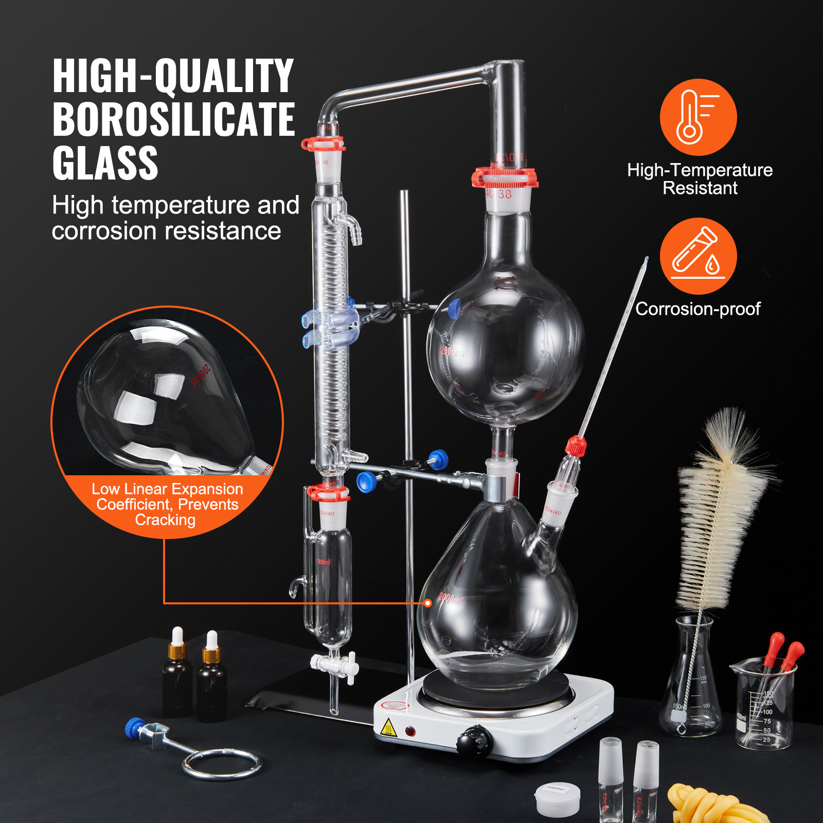 VEVOR 2L Essential Oil Steam Distillation Kit Distillation Apparatus 28 pcs Set