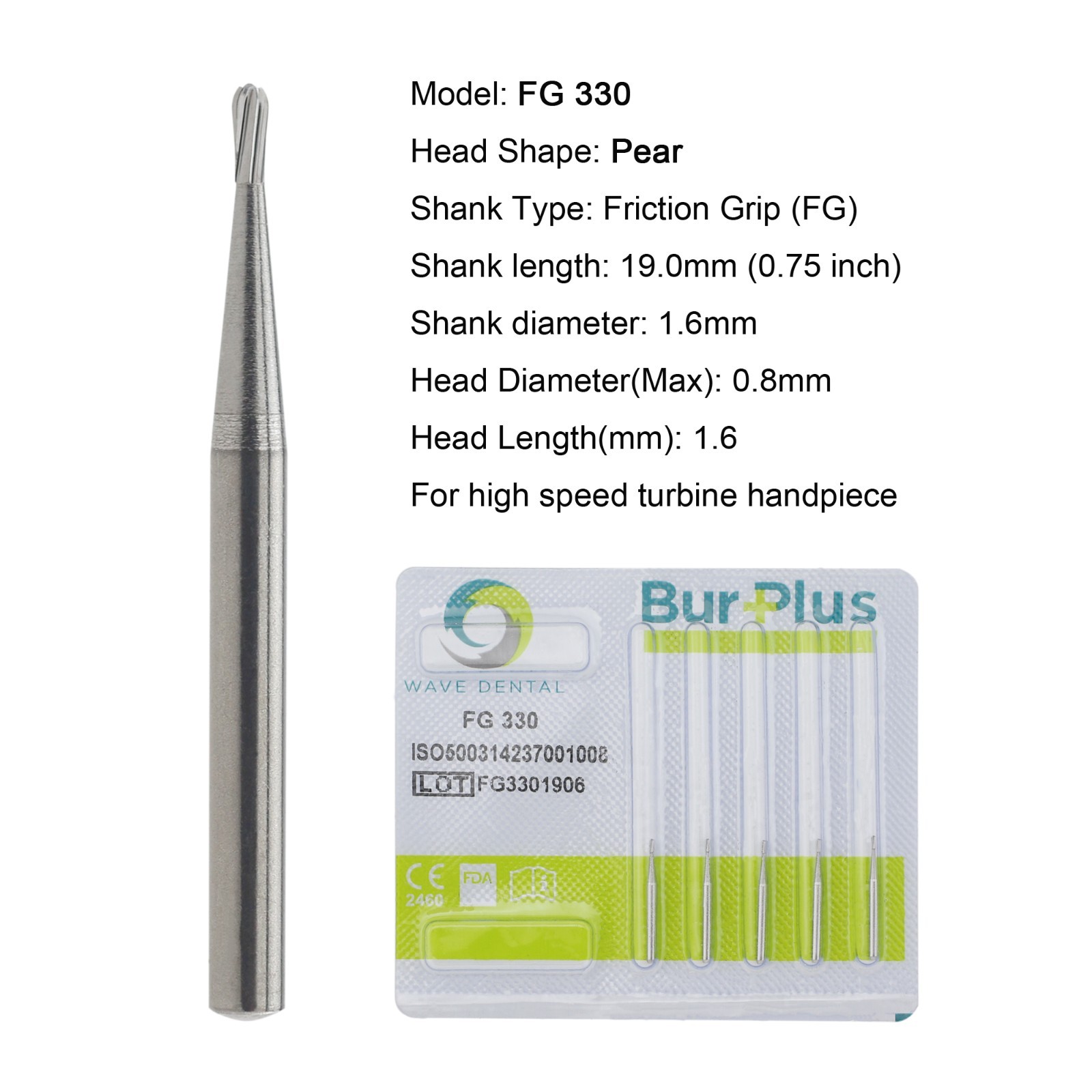 Wave Dental Surgical Burs 25mm Carbide Burs Friction Grip FG 19mm Round Pear 330
