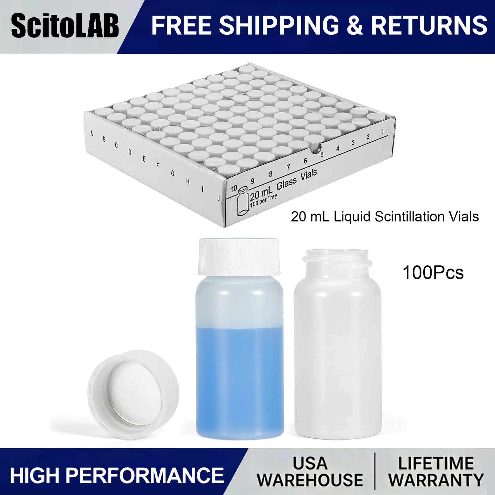100PCS 20mL Scintillation Vial Plastic Counting Vials Small Sample Vials w/ Caps