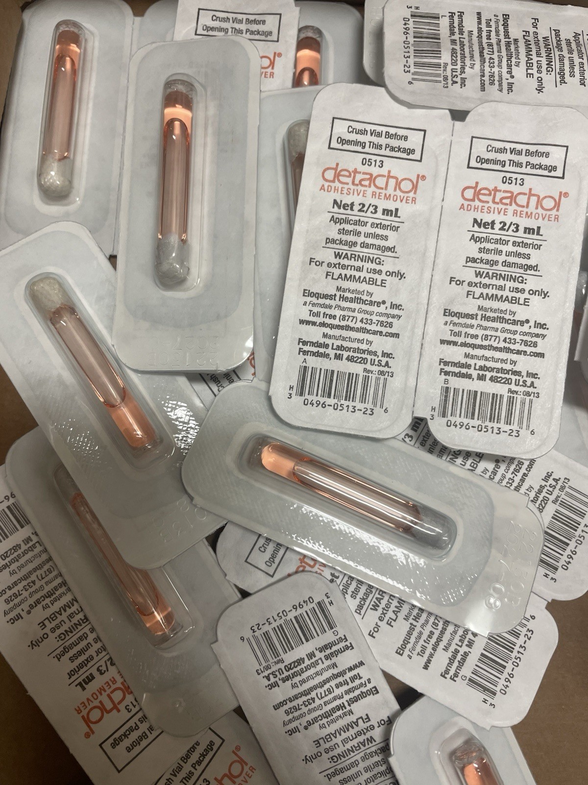 Lot Of 50 2/3 mL Loose Vials New Detachol Adhesive Remover (Exp 2027-2028)
