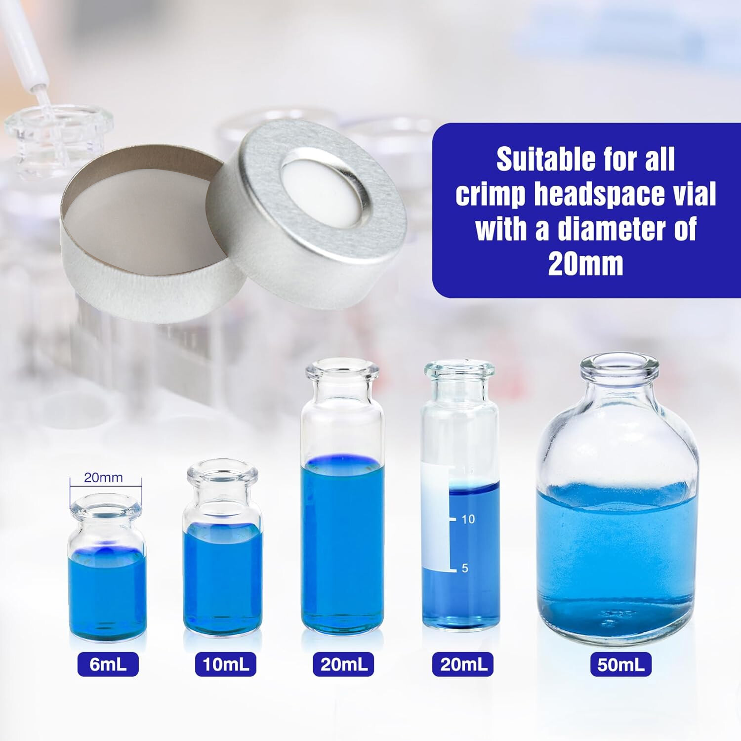 20mm Crimp Top Aluminum Cap+PTFE/Silicone Septa Fit 6mL/10mL/20mL Vials GC,HPLC
