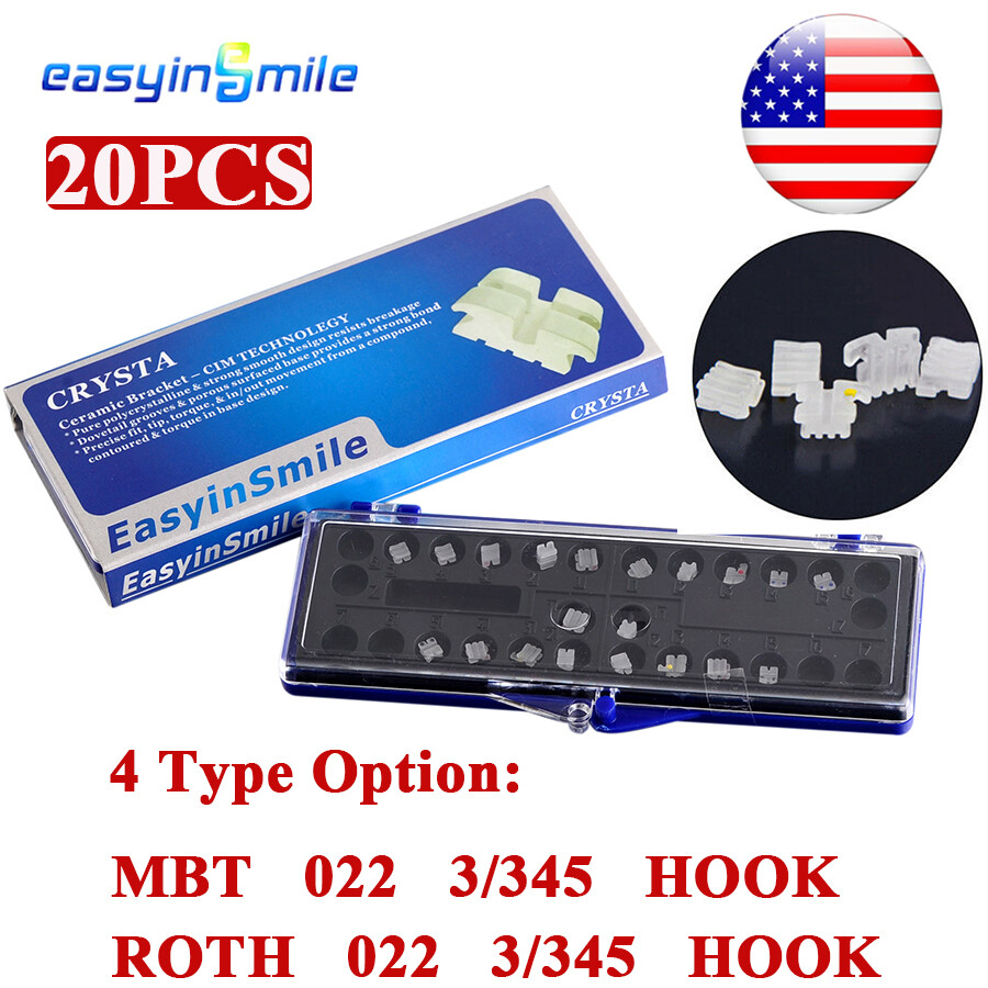 20Braces Orthodontic Clear Ceramic Bracket Dental Roth/MBT .022 Slot 3/345 Hooks
