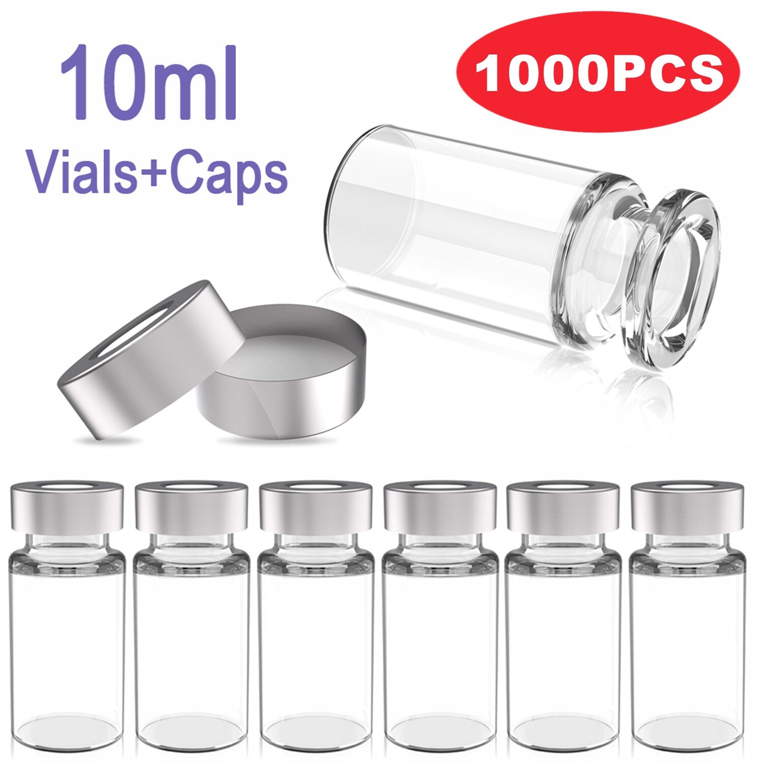 1000PCS 10ml Sample Vials+Aluminum Caps 20mm Crimp Top Clear Glass Bottle HPLC