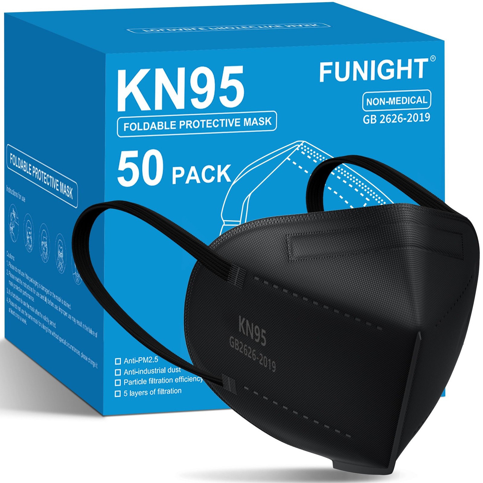 Funight KN95 Face Masks 50 Pack 5-Ply Breathable Filter Disposable
