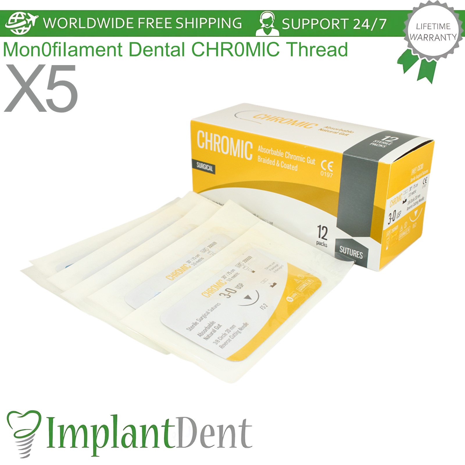 X5 Mon0fiIament Dental CHR0MlC Thread Collagen 12pcs 3/8 Circle 20.0mm Reverse